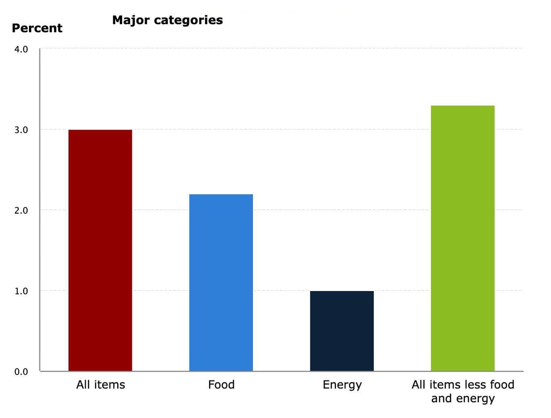 12-month percentage change, Consumer Price Index, selected categories, june 2024. All items-3%, Food- 2.2%, Energy- 1%, All items less energy and food- 3.3% 
