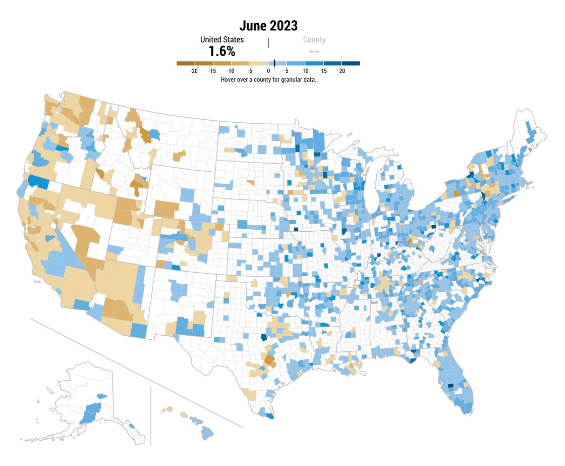 Mapping National Home Price Changes. The maps present year-over-year changes in house prices for the 1,200 U.S. counties for which CoreLogic reports data. Information for Puerto Rico and the U.S. Virgin Islands, which are part of the Federal Reserve’s Second District, is not available.