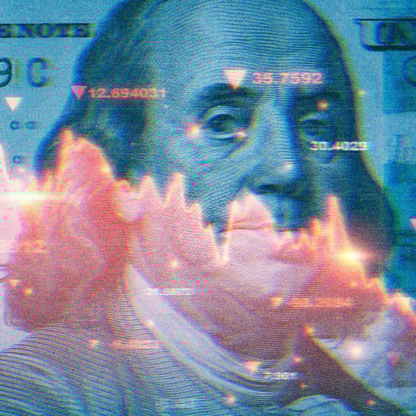 A $100 bill with overlaid declining financial charts and market data. Economic crisis concept