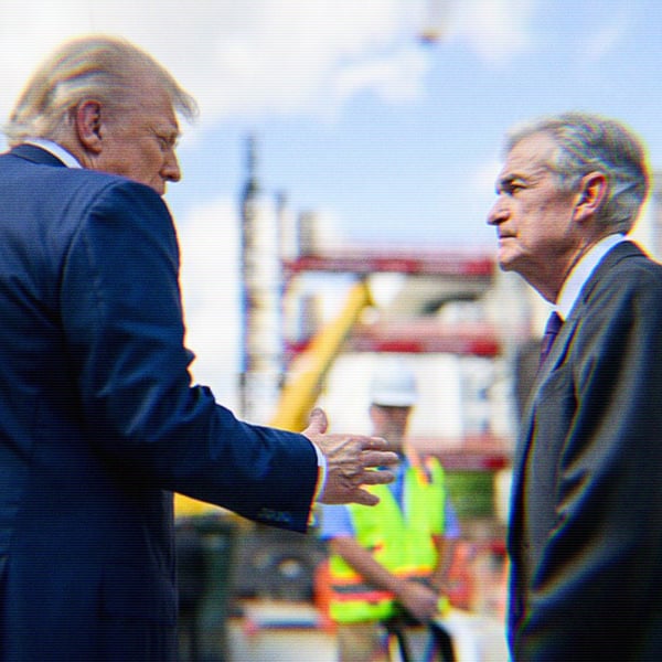 Donald Trump speaks to Fed Chair Jerome Powell during a tour of the Federal Reserve
