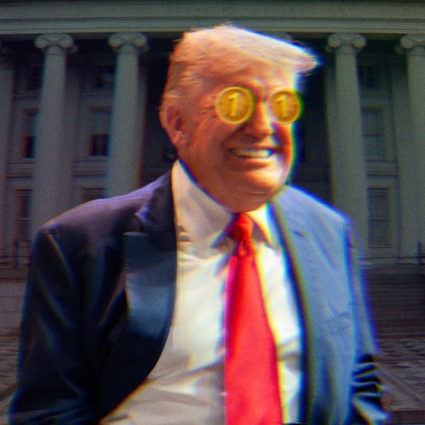 Trump smiling maniacally with USD1 coins over his eyes. The Treasury Department building is visible in the background