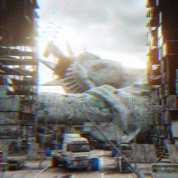 A 3D rendering of a crumbling city; buildings are collapsing and the statue of liberty has fallen on its side, decaying.
