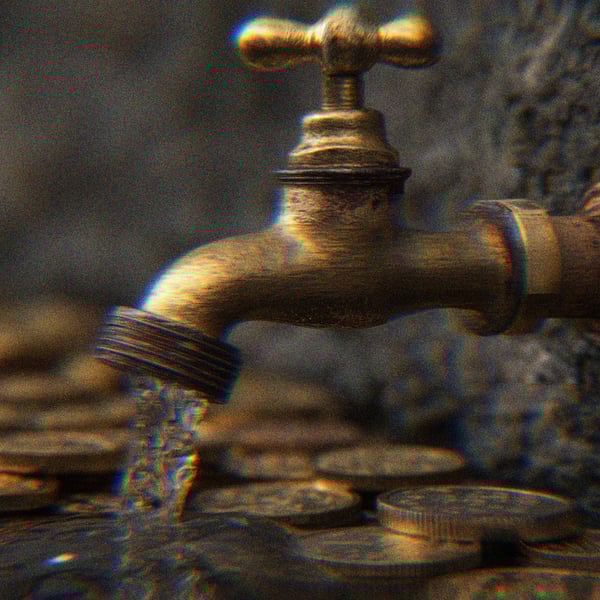 A faucet leaking water onto gold coins.