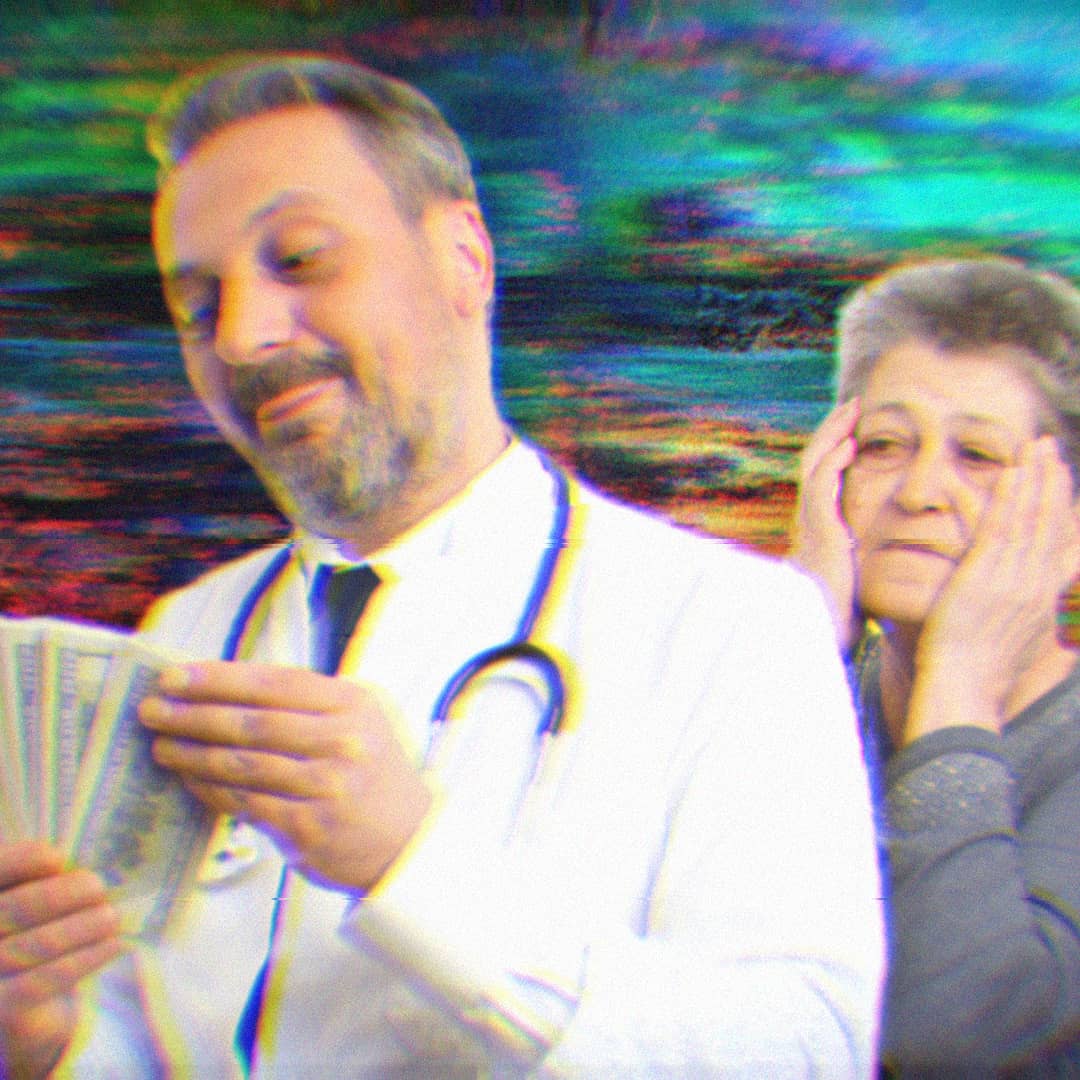A greedy doctor counting a bunch of $100 bills while an older woman looks on in horror behind him.