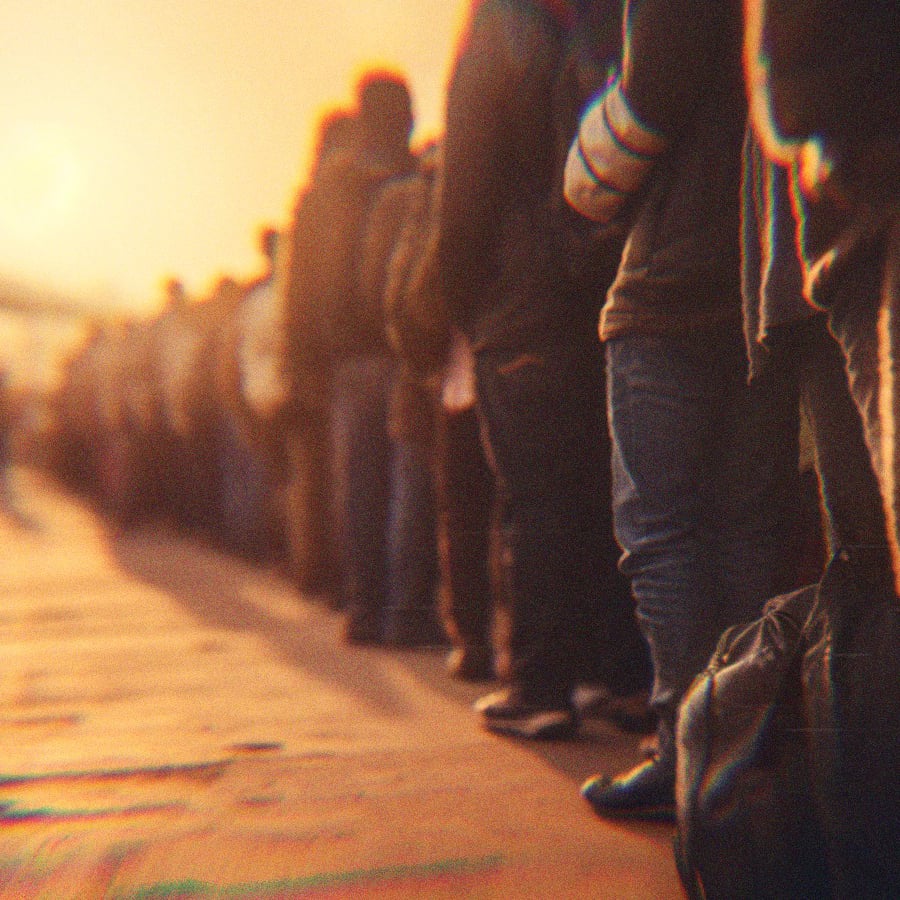 A group of migrants lined up at the border.