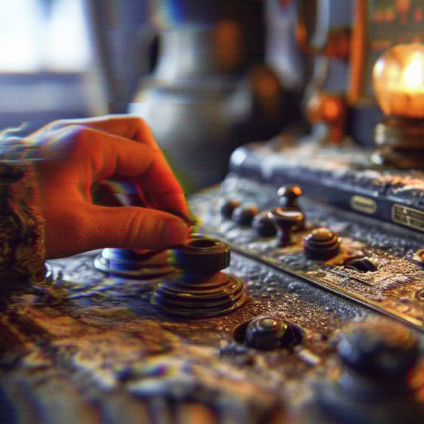 A person adjusting dystopian vintage-style radio knobs.