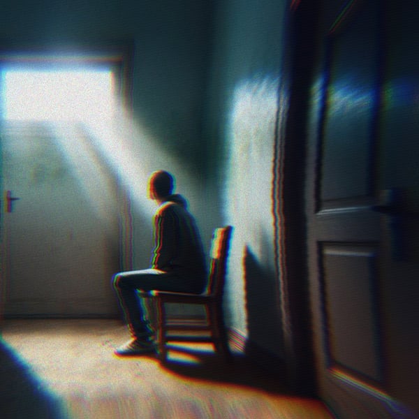 A person sitting on a chair in the dark with light coming through the window.