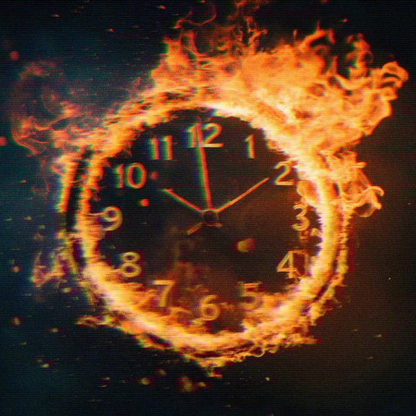 A rendering of a clock on fire. Flames engulf the rim and are beginning to spread inward towards the numbers.