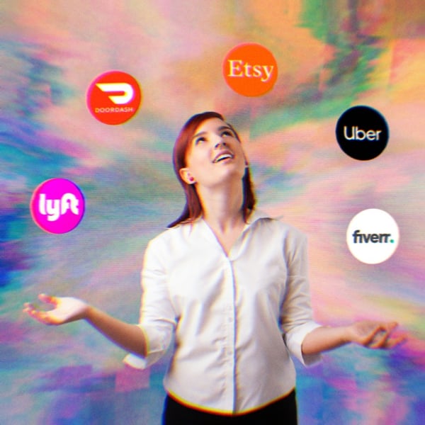 A woman juggling; the balls have logos for gig work apps on them. Lyft, DoorDash, Etsy, Uber and Fiverr.