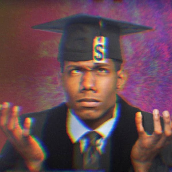 A young graduate wearing a cap and gown, shrugging and looking up at his graduation tassle which is a tag with a dollar sign on it
