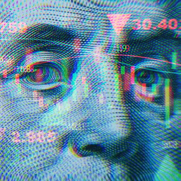 A closeup of Ben Franklins monetary portrait with misc. numbers and scatterd red down arrows and green up arrows symbolizing the stock market