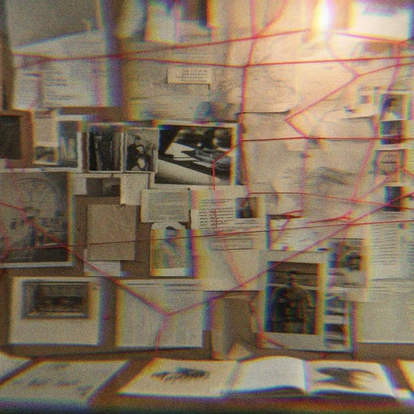 An AI generated image of a conspiratorial-type corkboard with red string connecting photos and documents.
