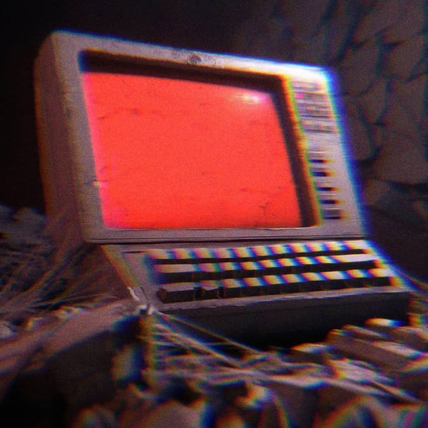 An AI-generated image of a vintage computer with a glowing red screen sitting in rubble.