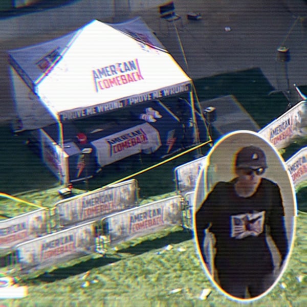 An aerial shot of Charlie Kirks shooting scene alongside a CCTV photo of Tyler Robinson, Kirks shooter.