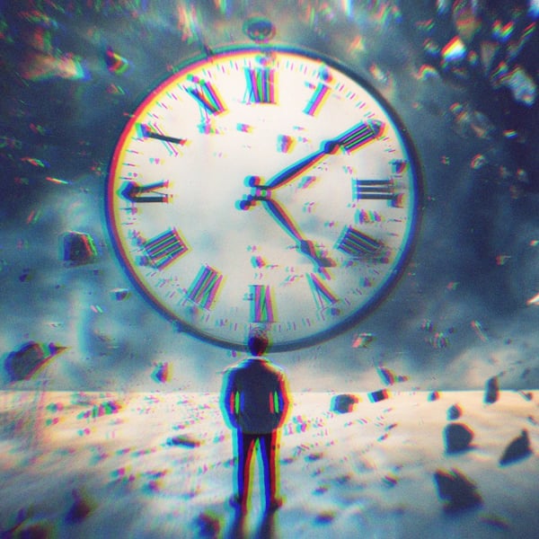 An analog clock with ticking hands and rubble all around. A person stands beneath, watching.