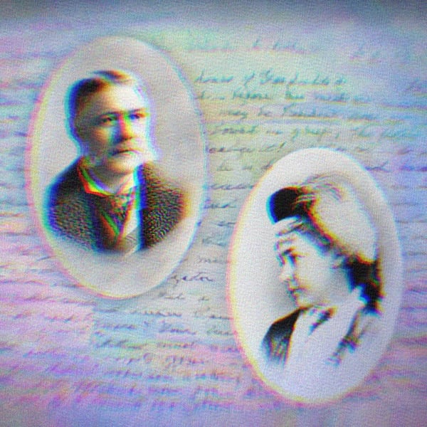 Black and white portraits of Chester A. Arthur and Julia Sand. Sand's letters to Arthur are featured, lightly blurred in the background.