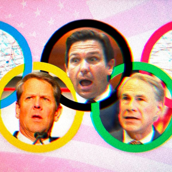 Composite image of Brian Kemp, Ron DeSantis and George Abbot’s faces inside the Olympic rings.