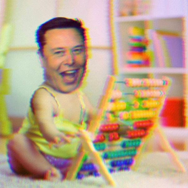 Composite image of Elon Musk's head on a baby's body. The baby is playing with an abacus