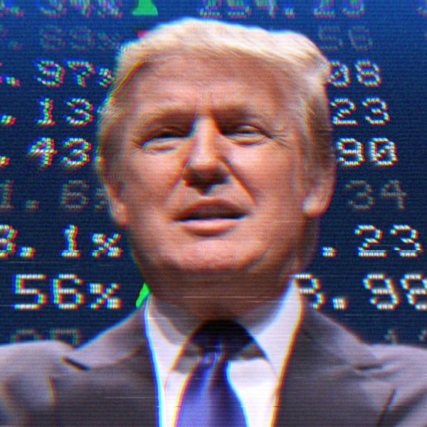 Donald Trump in front of a stock ticker,