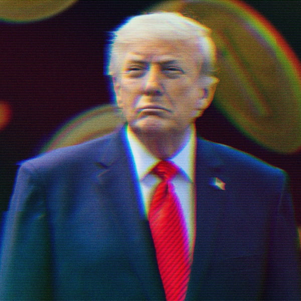 Donald Trump in front of renderings of the USD1 Stablecoin