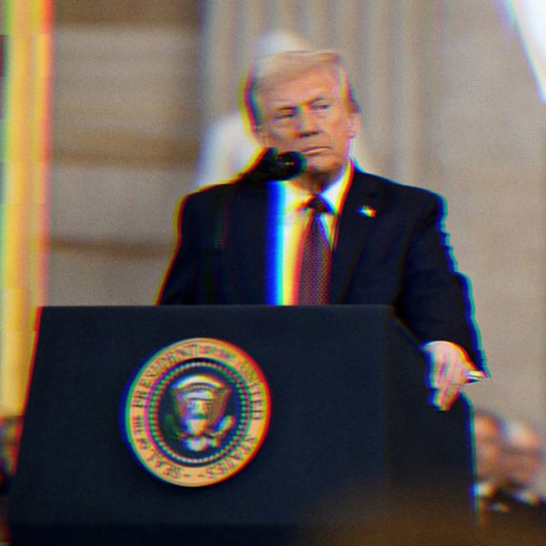 Donald Trump standing at the presidential podium. Alongside the photo is a screenshot of his TruthSocial post from 12/15/25 that reads, 