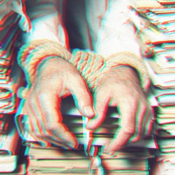 Glitchy photo of 3 stacks of paperwork. A man’s wrists are bound by rope handcuffs and rest on the middle stack of papers.
