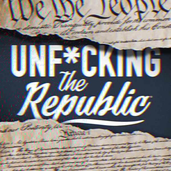 Image of the US Constitution ripped in the middle revealing white text on a blue background that says, ‘Unf*cking the Republic.