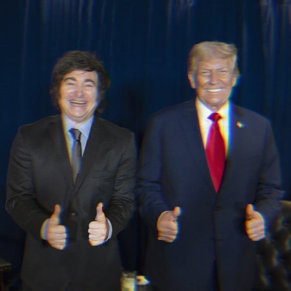 Javier Milei and Donald Trump smiling, giving double thumbs up