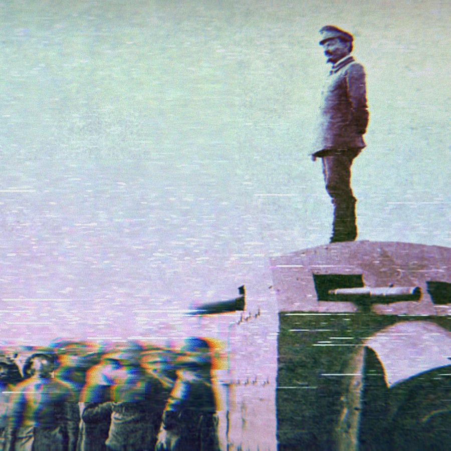 Leon Trotsky delivering a speech to the 51st Rifle Division atop the train in Crimea, 1921