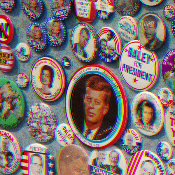 Mixed campaign buttons throughout the decades.