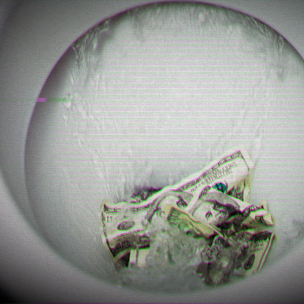 Money being flushed down the toilet.