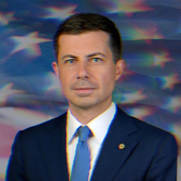 Pete Buttigieg in front of the American flag