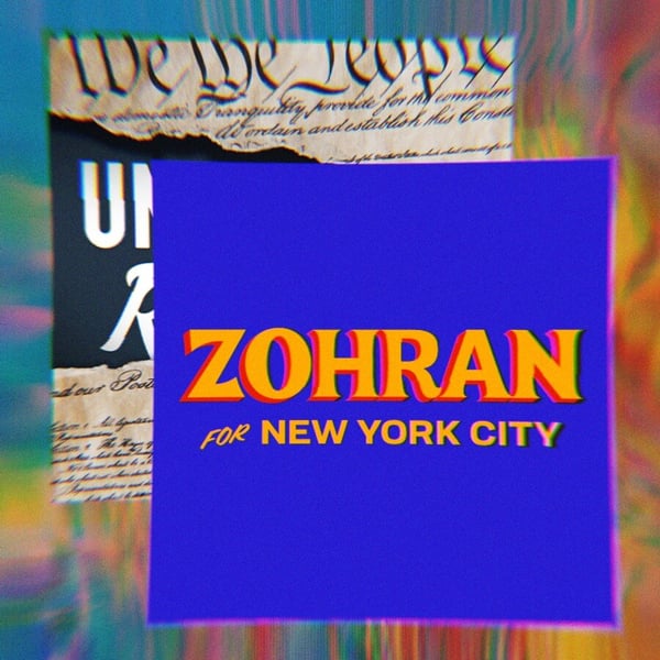 Podcast art for Unf*cking The Republic alongside Zohran Mamdanis Campaign logo that says Zohran for New York City.