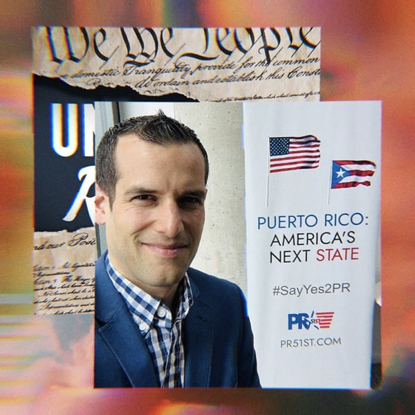 Podcast art for Unf*cking The Republic alongside a photo of George Laws García and a sign that says 'Puerto Rico- America's Next State #SayYes2PR