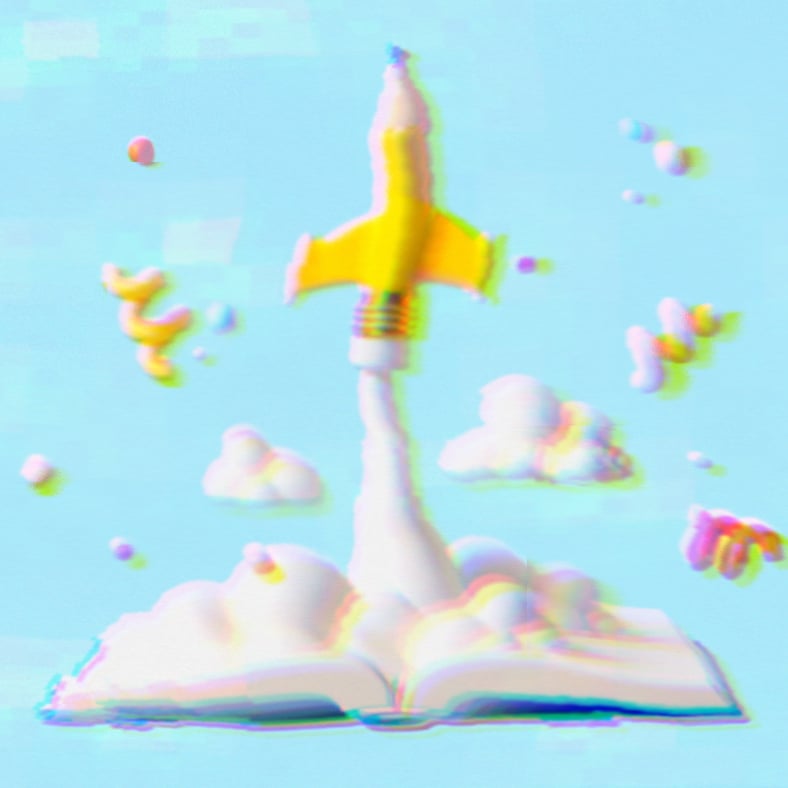 Rendering of a pencil flying out of a book with clouds and decorative swirls surrounding it.
