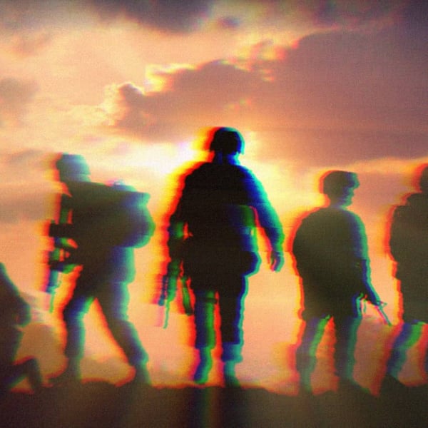 Six military silhouettes on sunset sky background