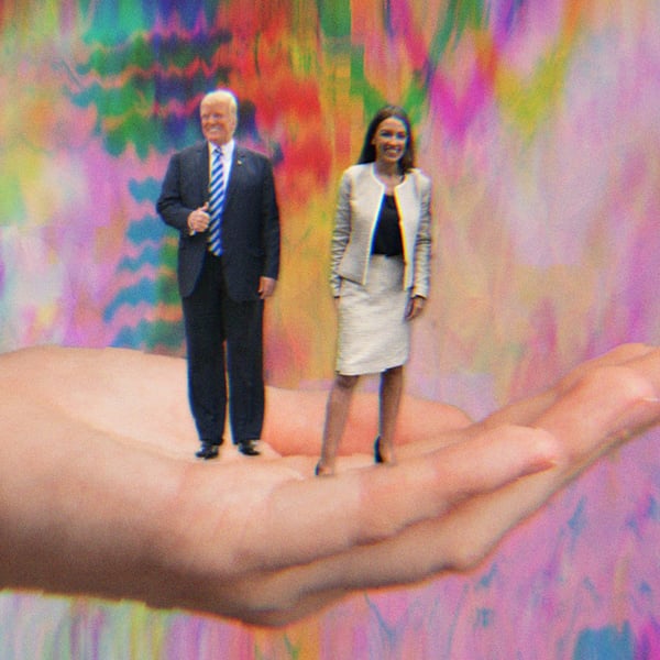 Someone holding small versions of Donald Trump and AOC in their hand