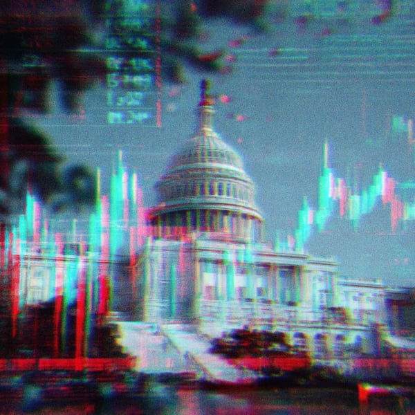 The U.S. Capitol Building overlayed with glitchy stock market-like symbols.