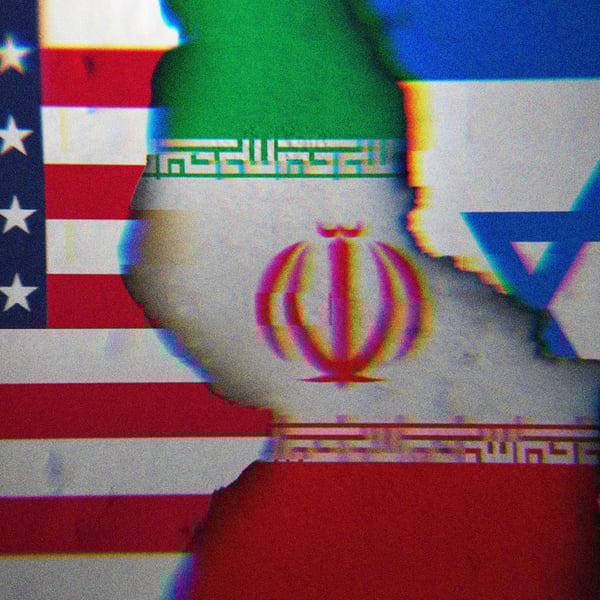 The U.S. flag on the left and the Israeli flag on the right. They are fractured in the middle revealing the Iranian flag. 