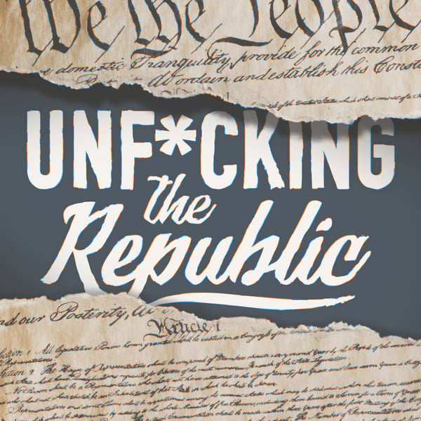 The US Constitution ripped in the middle revealing white text on a blue background that says, ‘Unf*cking the Republic.’ Letters have a glitchy rainbow effect on them.