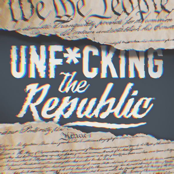 The US Constitution ripped in the middle revealing white text on a blue background that says, ‘Unf*cking the Republic.’ Letters have a glitchy rainbow effect on them.