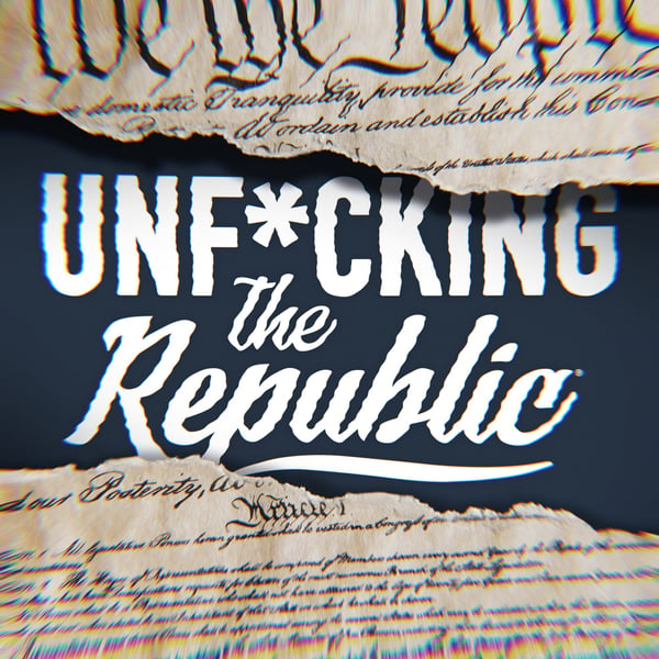 The US Constitution ripped in the middle revealing white text on a blue background that says, ‘Unf*cking the Republic.’ Letters have a glitchy rainbow effect on them.