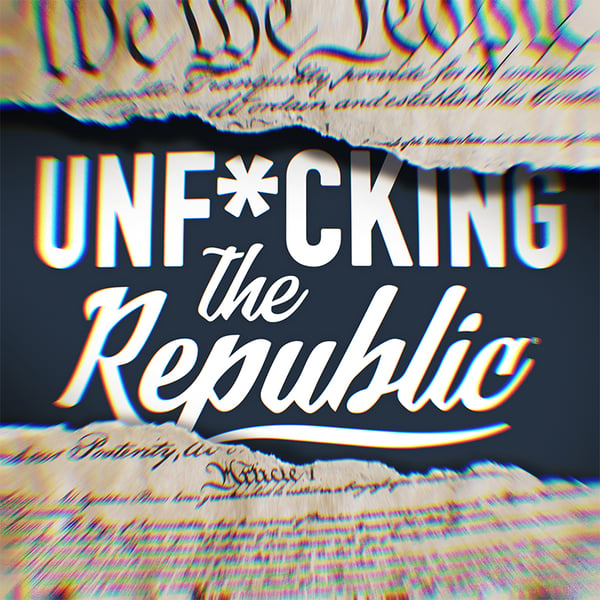 The US Constitution ripped in the middle revealing white text on a blue background that says, ‘Unf*cking the Republic.’ Letters have a glitchy rainbow effect on them.