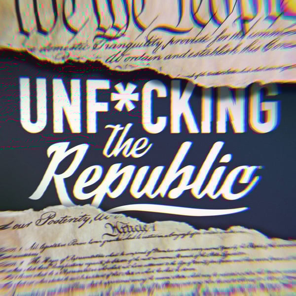 The US Constitution ripped in the middle revealing white text on a blue background that says, ‘Unf*cking the Republic.’ Letters have a glitchy rainbow effect on them.