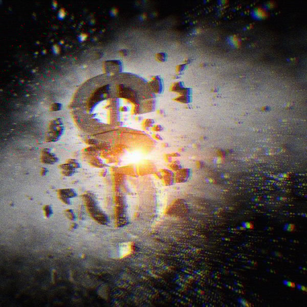 The dollar sign exploding and expelling little pieces.