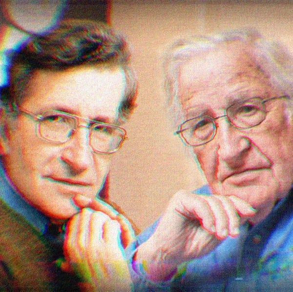 Two photos of Noam Chomsky; one is him as a younger man, one of him older with grey hair.