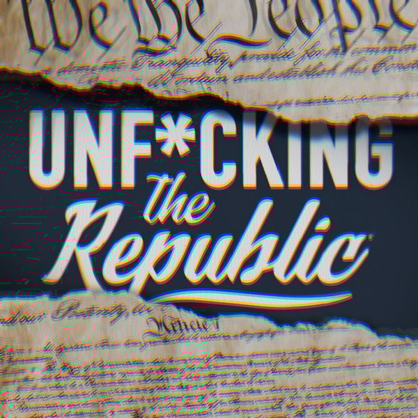Image of the US Constitution ripped in the middle revealing white text on a blue background that says, ‘Unf*cking the Republic.
