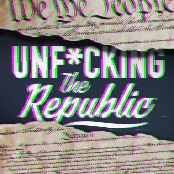 Image of the US Constitution ripped in the middle revealing white text on a blue background that says, ‘Unf*cking the Republic.