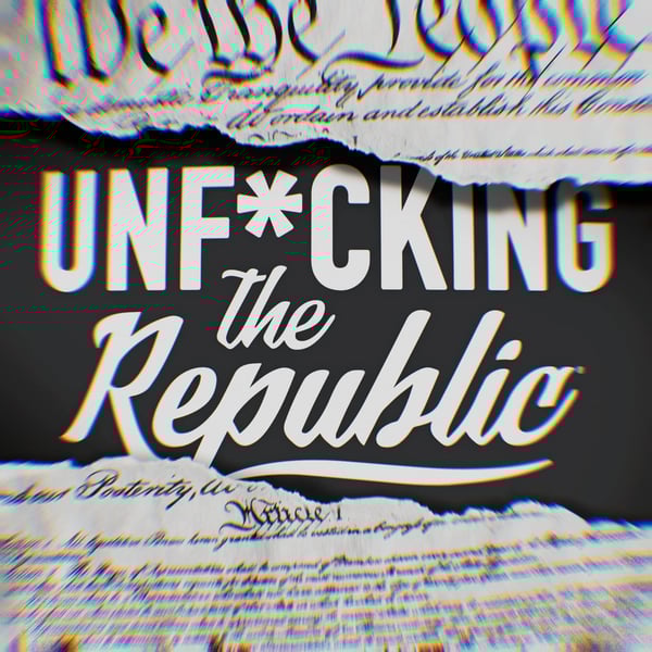 Image of the US Constitution ripped in the middle revealing white text on a blue background that says, ‘Unf*cking the Republic.
