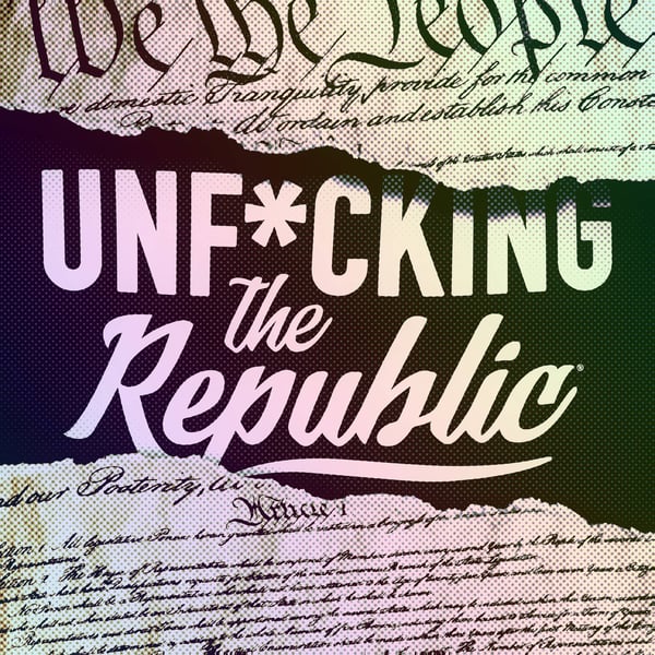 Image of the US Constitution ripped in the middle revealing white text on a blue background that says, ‘Unf*cking the Republic.